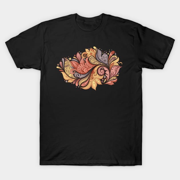 Paisley Garden Indian Style Print on Black T-Shirt by lissantee